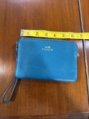 Coach Teal Blue Leather Wristlet Wallet with Gold Logo